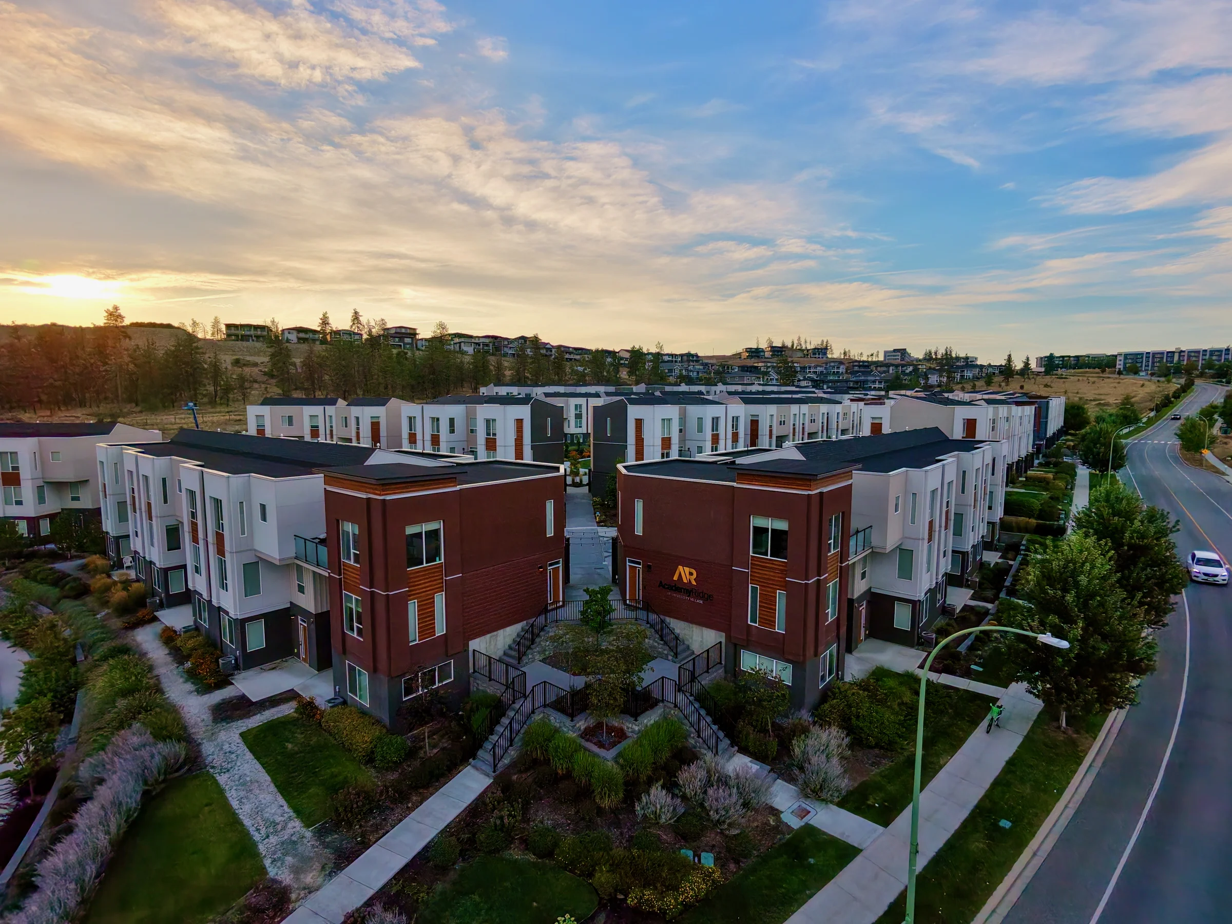 Aerial drone flyover of Academy Ridge at golden hour