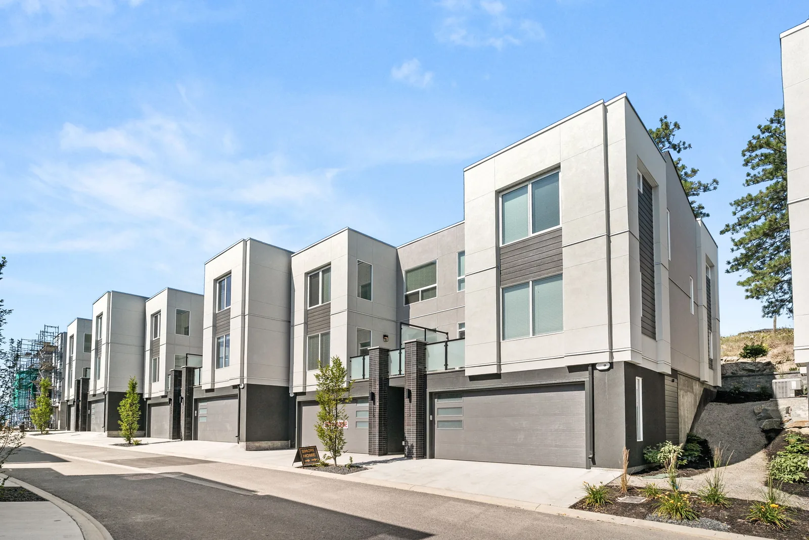 Academy Ridge townhomes seen from the corner of the community