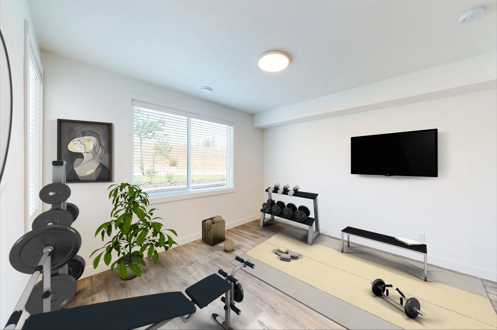 An Academy Ridge lock-off flex room furnished as a home gym, second view